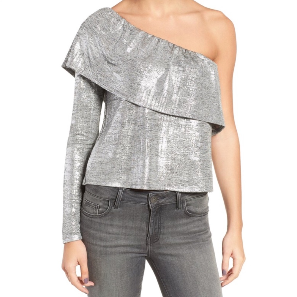 Yep uvé Metallic Grey Foil One Shoulder Top Sz L